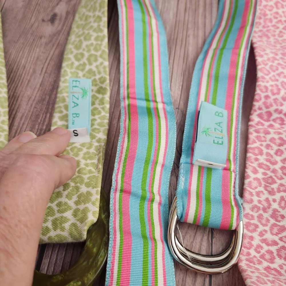 Eliza B. Fabric Belt Bundle 3pc Small Pink Green Animal Print Striped Ribbon